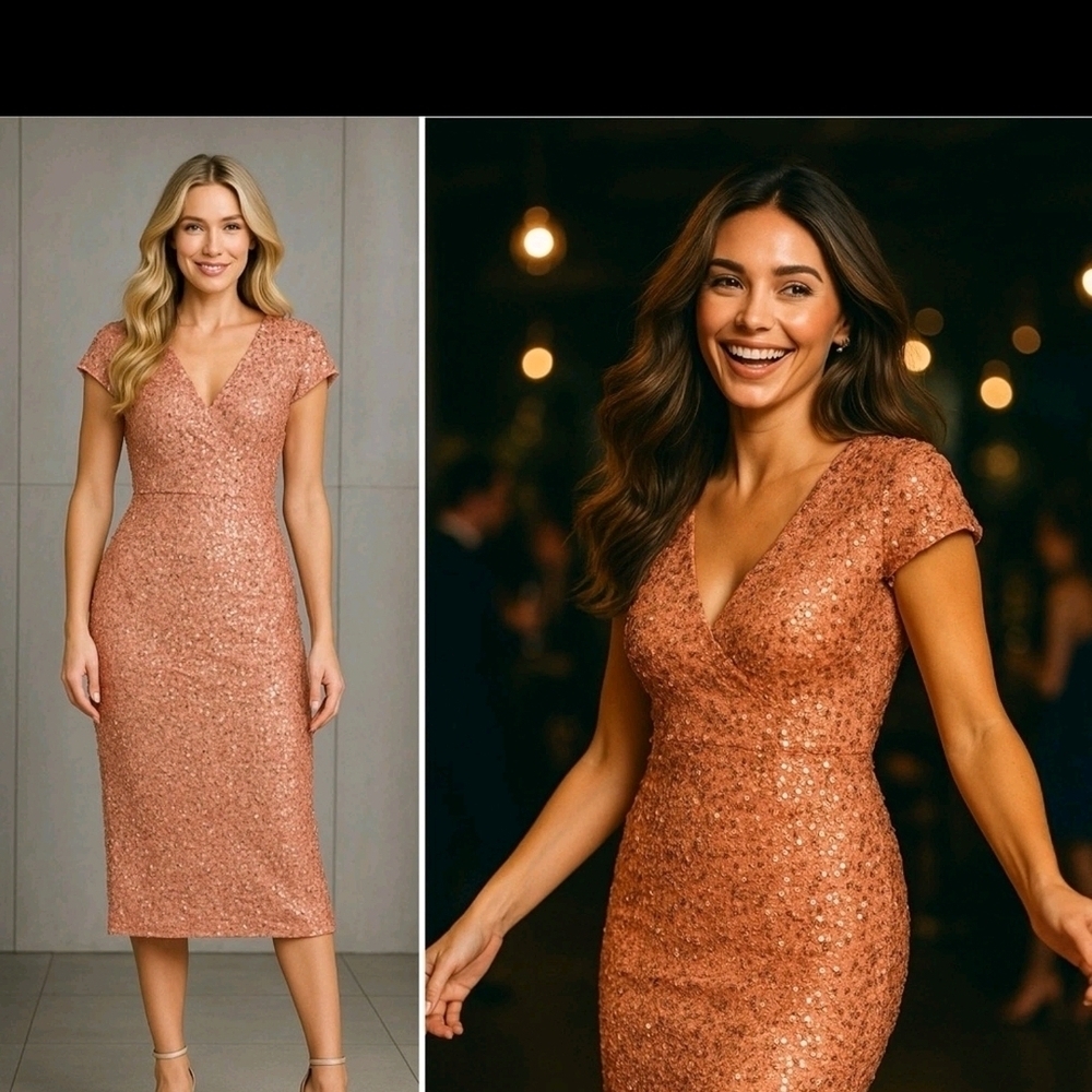 Mac Duggal Sequin V-Neck Midi Dress - Copper
